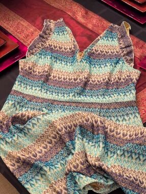 Tabitha Blue and Tan Patterned V-Neck Ruffle-Strap Camisole